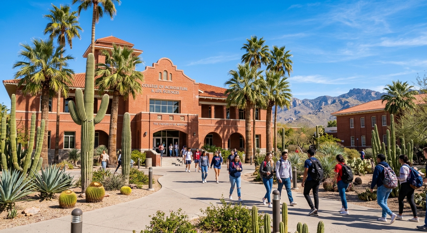 University of Arizona campus in Tucson with red-brick buildings surrounded by desert landscape, students walking near the College of Agriculture building with cacti and palm trees under a bright blue sky