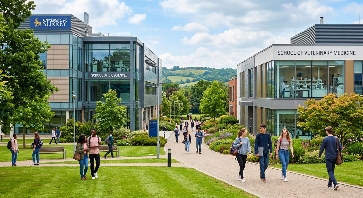University of Surrey Guildford campus with modern biosciences laboratory building, green landscaped grounds, students walking between the School of Biosciences and School of Veterinary Medicine facilities under a bright sky