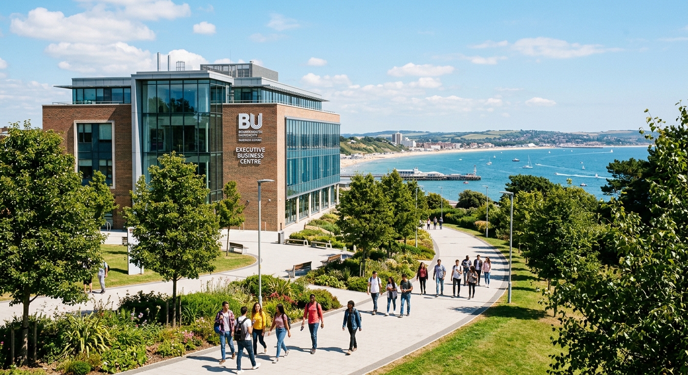 Bournemouth University Business School modern campus building with students walking along a tree-lined pathway, seaside town of Poole visible in the background, bright sunny day in South West England