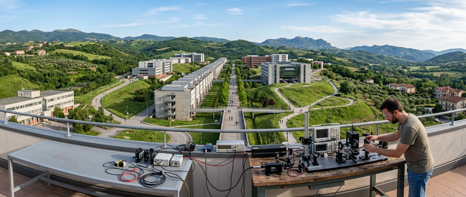 Panoramic view of the University of Calabria campus in Arcavacata di Rende, modern academic buildings nestled among green hills of Calabria, southern Italy, with physics laboratory equipment in the foreground