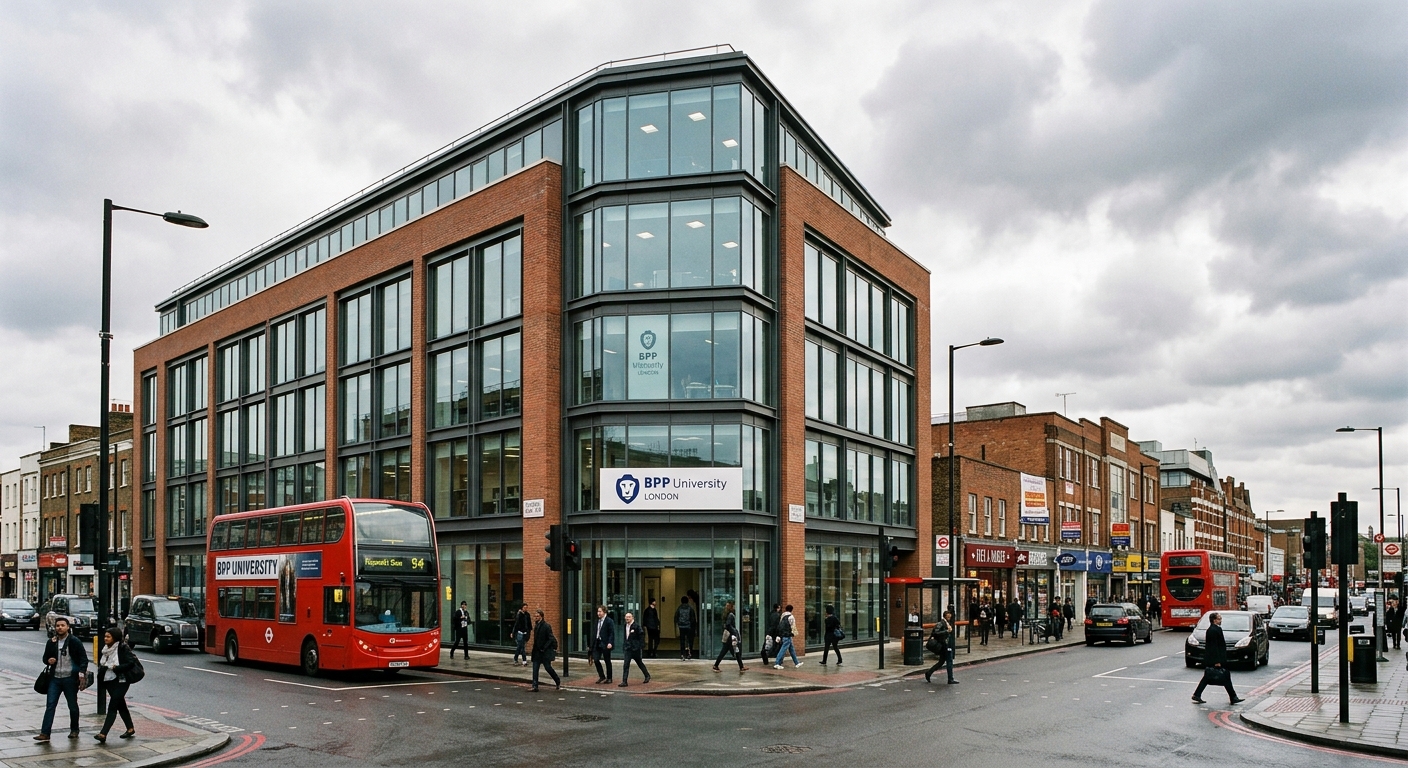 BPP University London campus exterior, modern glass and brick commercial building in Shepherd's Bush, London cityscape with red double-decker buses, professional urban setting, overcast British sky
