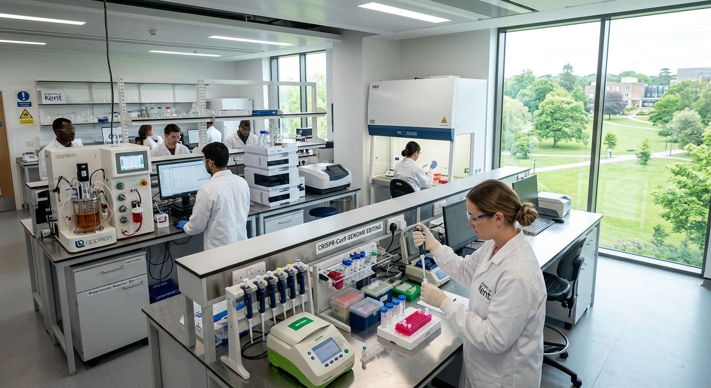 Modern bioscience laboratory at the University of Kent Canterbury campus, researchers in white lab coats working with biotechnology equipment, CRISPR genome editing tools, bioprocess reactors, and analytical instruments, with green parkland visible through large windows