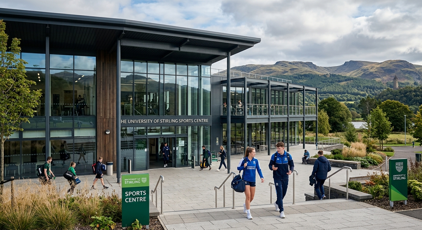 University of Stirling modern sports centre exterior with glass facade, athletes entering the building, Scottish landscape visible in background