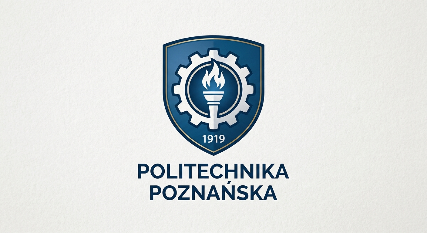 Poznan University of Technology official logo, blue shield emblem with gear and torch symbol, text Politechnika Poznanska