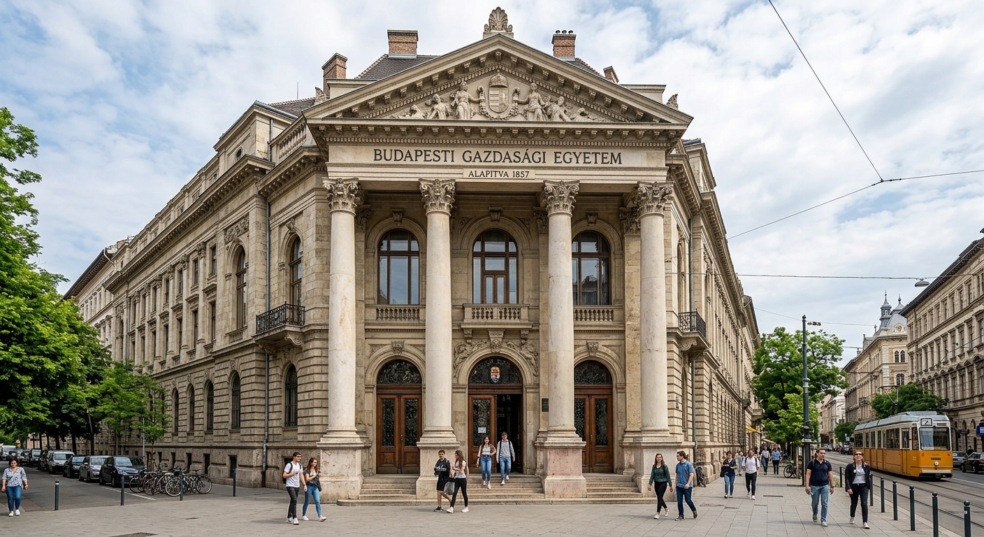 Budapest Business School Markó Street campus, classic neoclassical building in Budapest's 5th district, grand entrance with columns, urban European setting