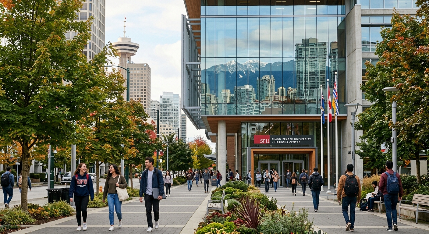 Modern university campus building in downtown Vancouver, British Columbia, with students walking along a tree-lined urban pathway, glass facade reflecting the city skyline, vibrant academic atmosphere