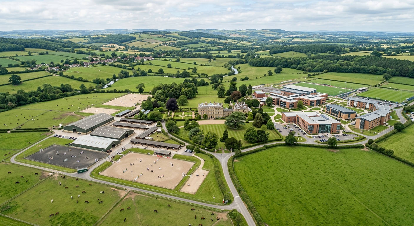 Hartpury University campus wide shot showing the historic Hartpury House surrounded by 360-hectare green estate, rolling Gloucestershire countryside, equine arenas and modern academic buildings, soft English daylight