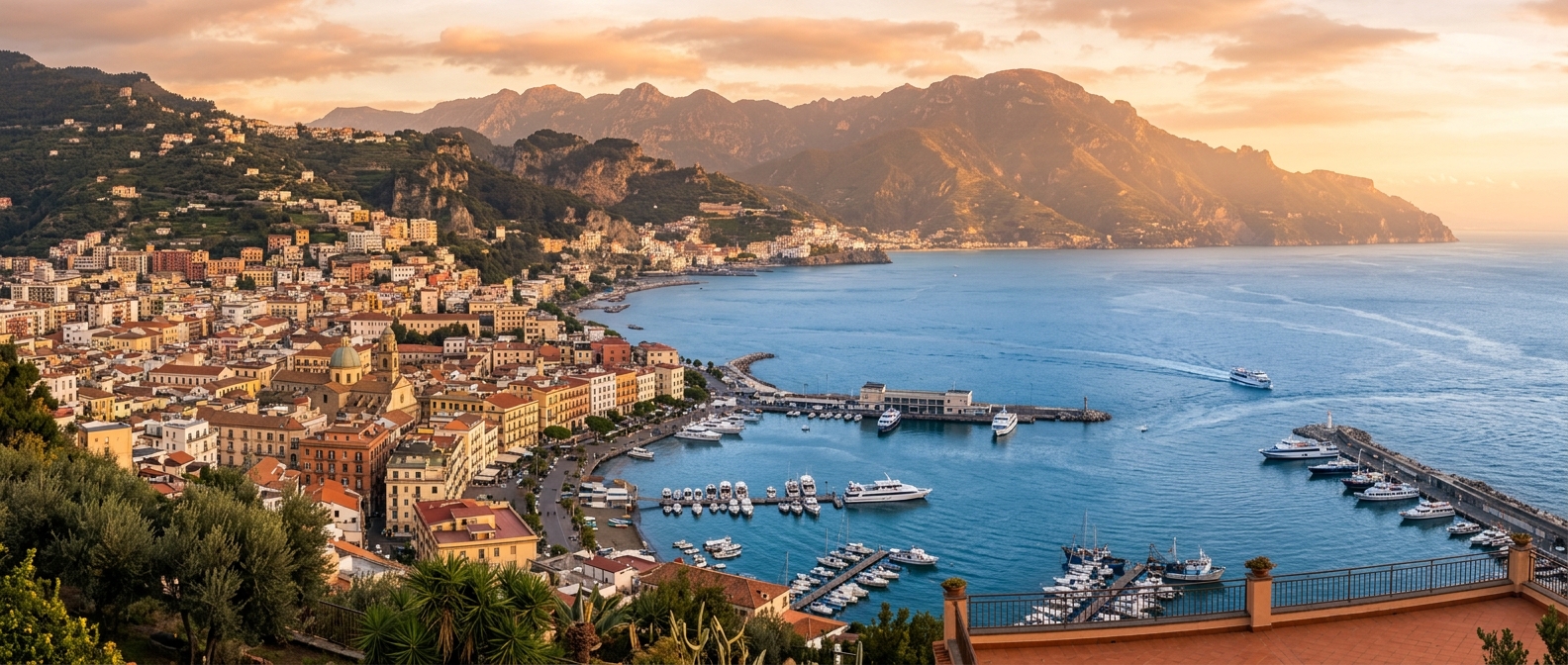 Panoramic view of Salerno city and coastline, Tyrrhenian Sea, colorful Mediterranean buildings along the waterfront, Amalfi Coast mountains in the distance, golden hour lighting