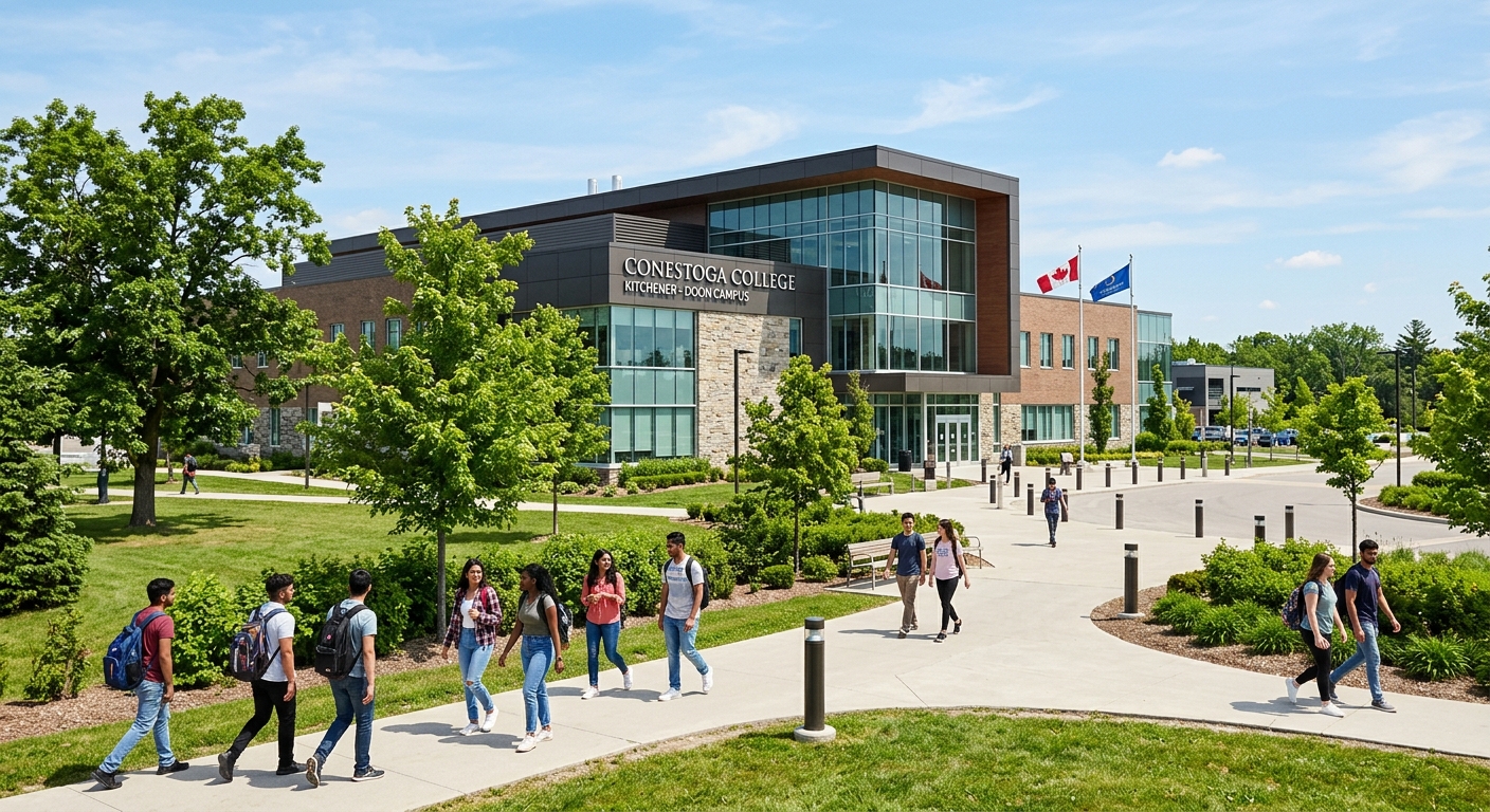 Conestoga College campus building with modern architecture in Kitchener Ontario, students walking on pathways, green landscaped grounds, bright daylight, Canadian college campus setting