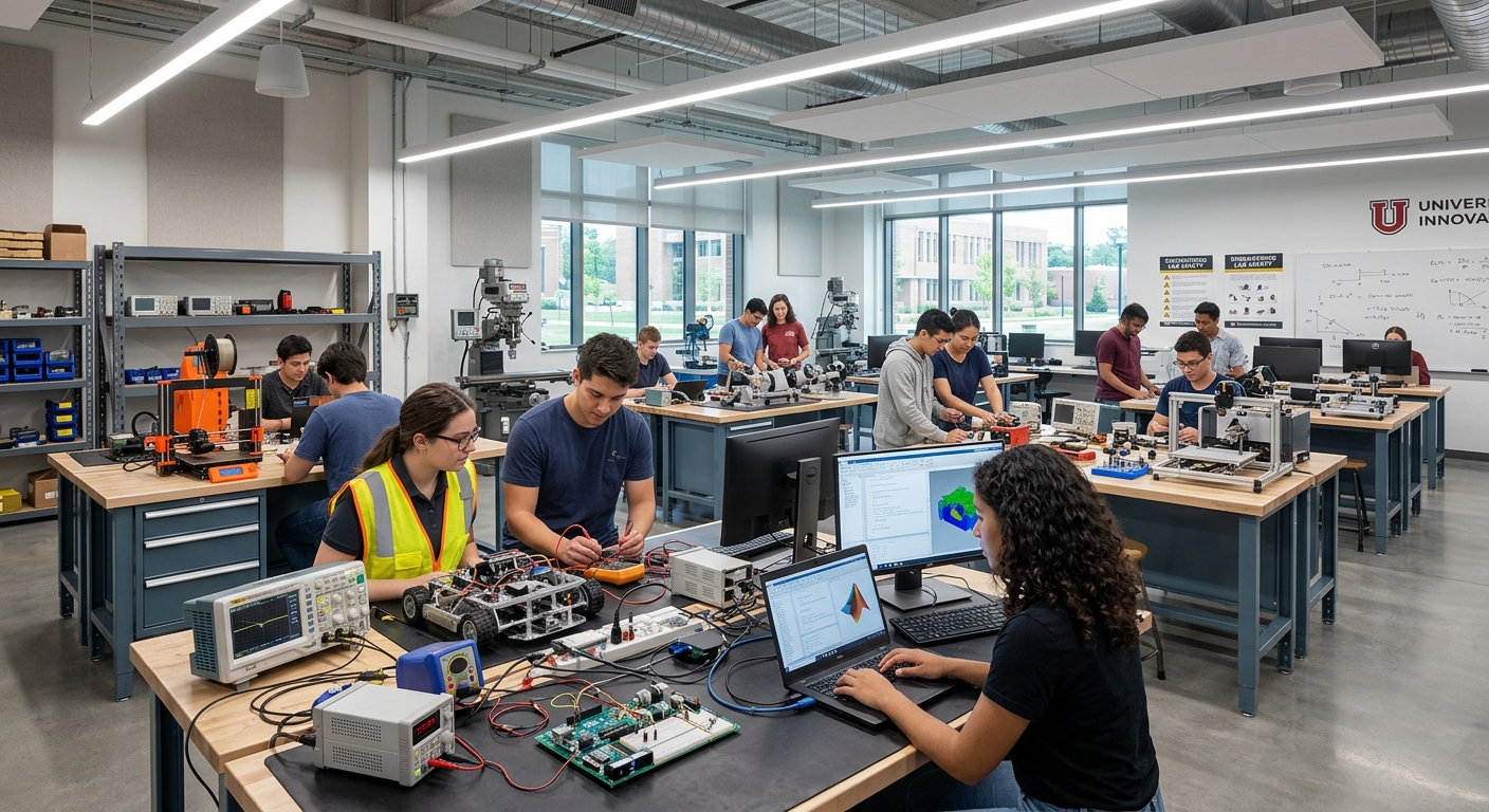 Modern university laboratory with students working on engineering equipment, bright overhead lighting, computers and technical instruments on workbenches
