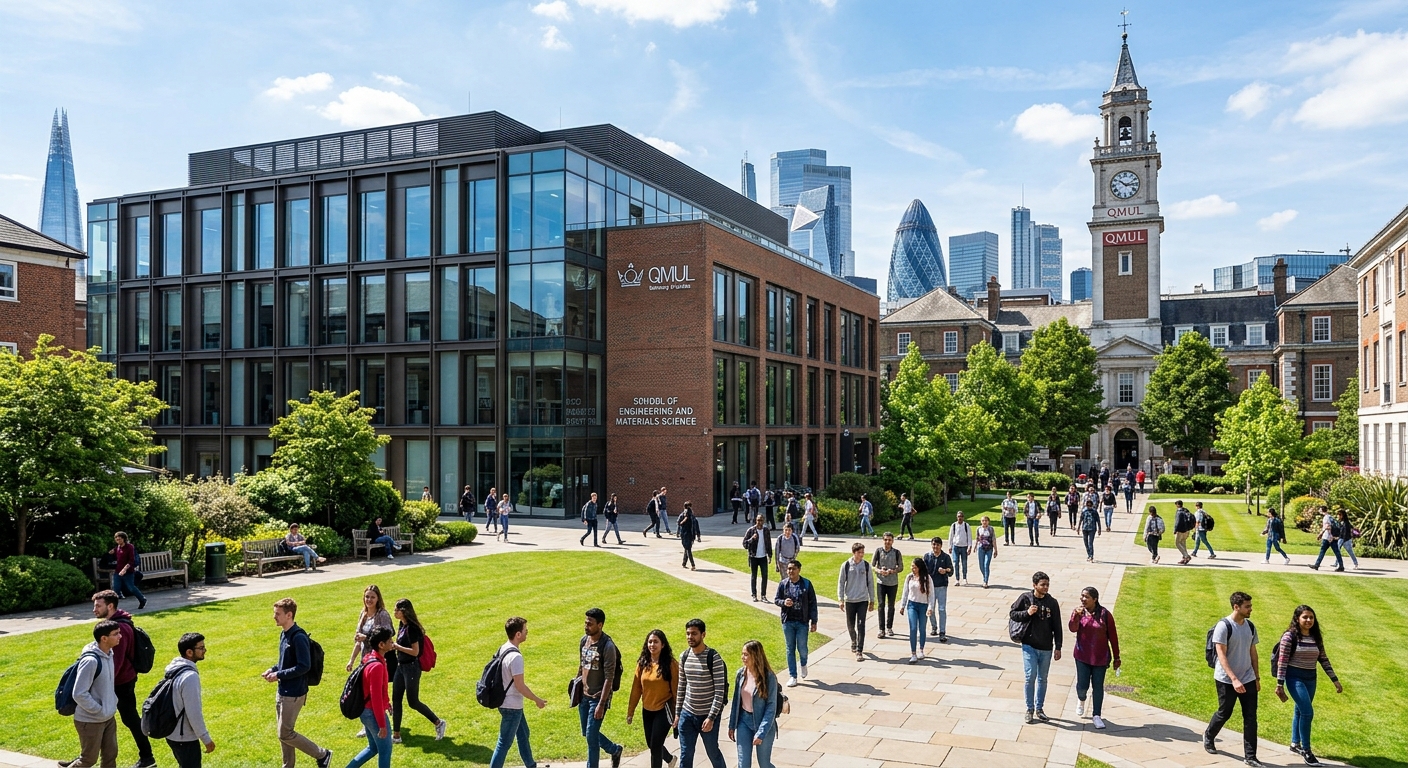 Queen Mary University of London Mile End campus with modern engineering building, students walking across green courtyard, historic clock tower in background, bright London skyline