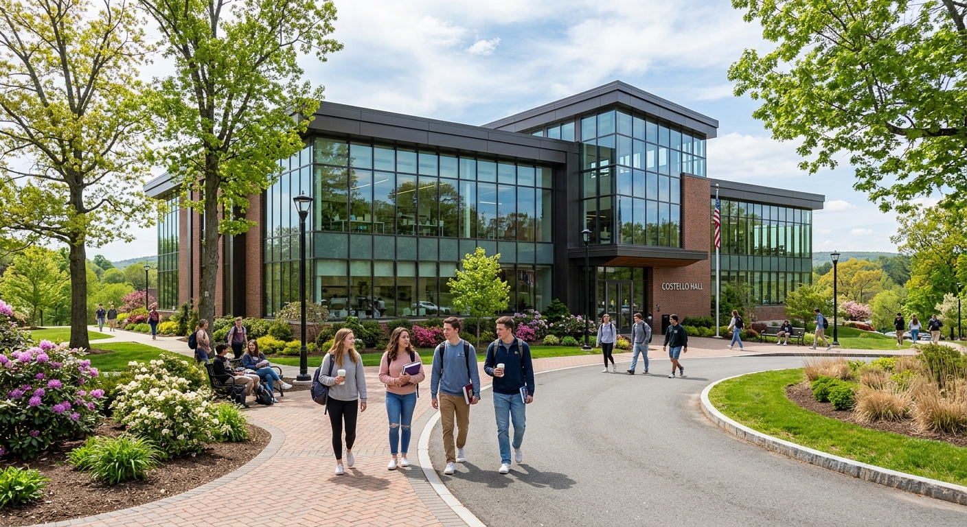 Costello Hall at St. Thomas Aquinas College, modern science building with large windows, students walking on pathways, green landscaping and trees surrounding the building