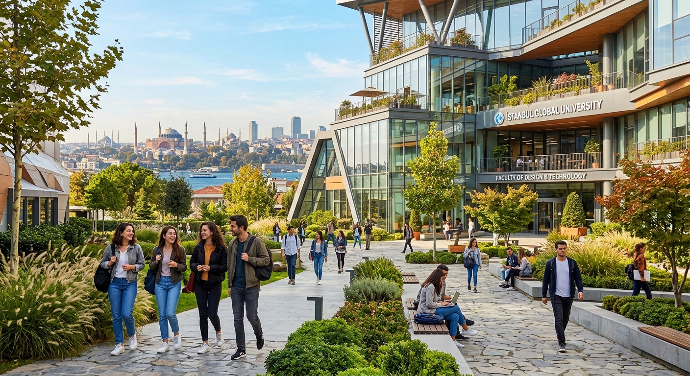 Modern university campus building in Istanbul with students walking through a sunlit courtyard, contemporary architecture with glass facades, green landscaping, and the Istanbul skyline visible in the background