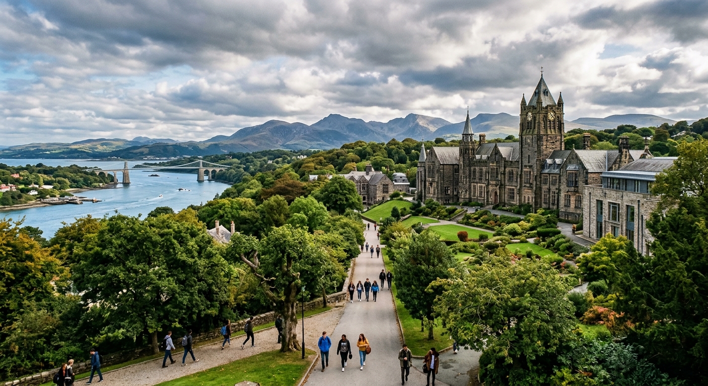 Historic Bangor University campus with stone buildings nestled between Snowdonia mountains and the Menai Strait in North Wales, lush green landscape, dramatic sky, students walking along tree-lined paths