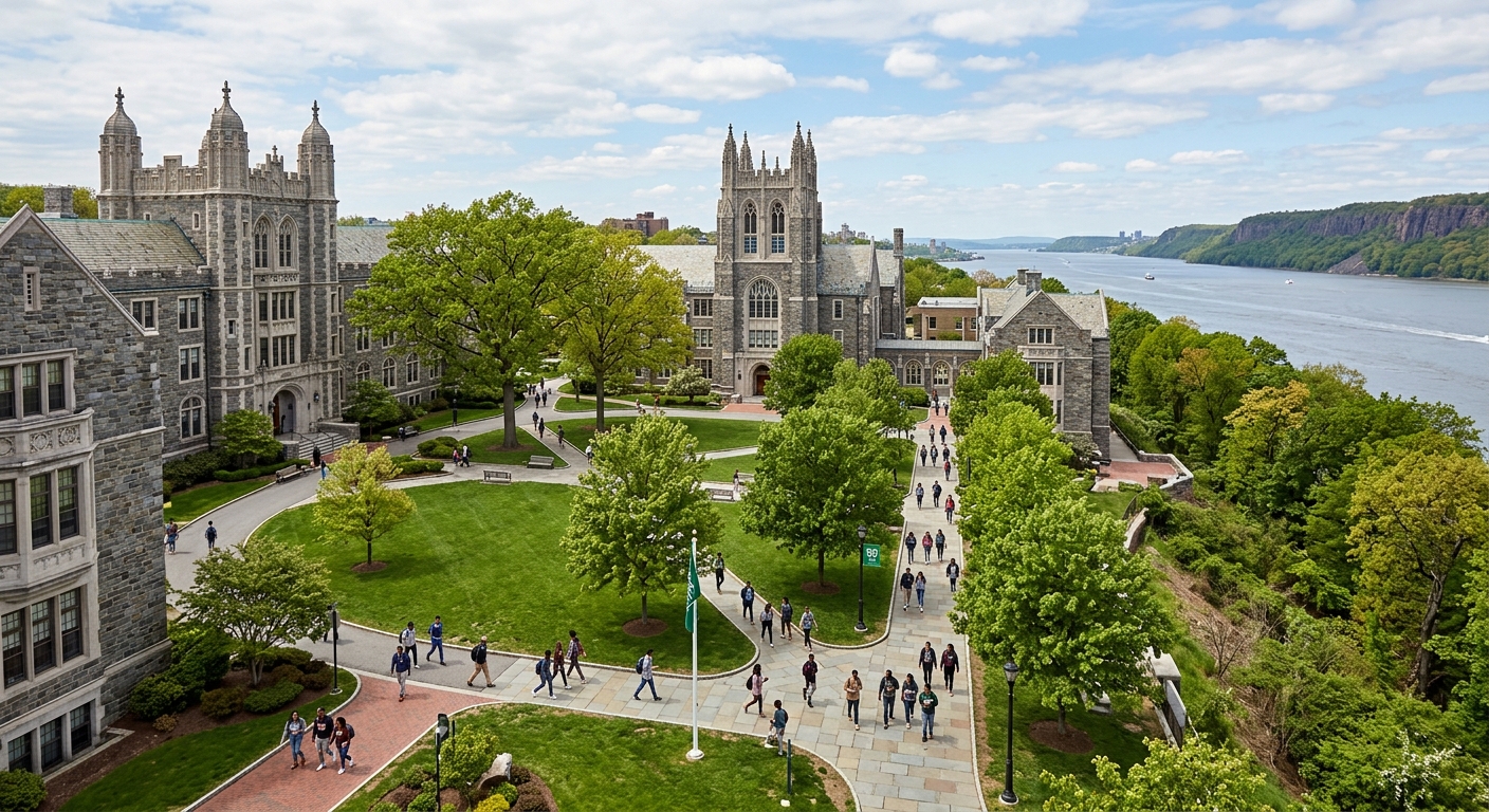 Manhattan University campus in Riverdale, Bronx, New York City with Gothic-style academic buildings, green quad area, students walking between classes, trees lining pathways, with the Hudson River visible in the background