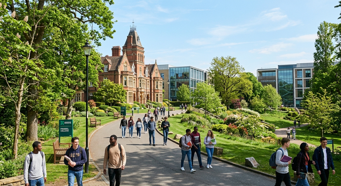 University of Roehampton campus in southwest London with historic Victorian buildings surrounded by green parkland, students walking along tree-lined paths, modern teaching facilities visible in the background under a clear sky