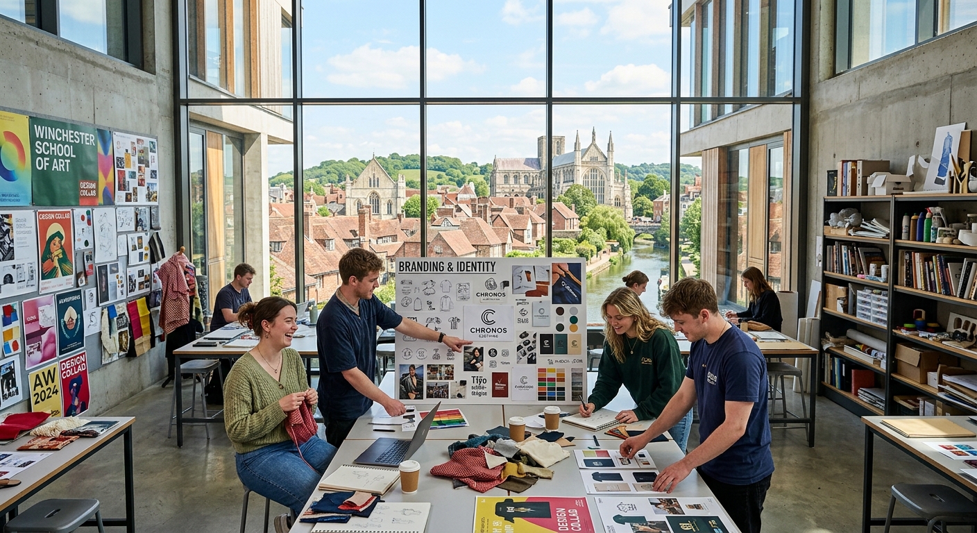 Winchester School of Art campus building with modern architecture, creative students collaborating in bright studio spaces, historic Winchester cityscape visible in background, advertising mood boards and branding materials on display