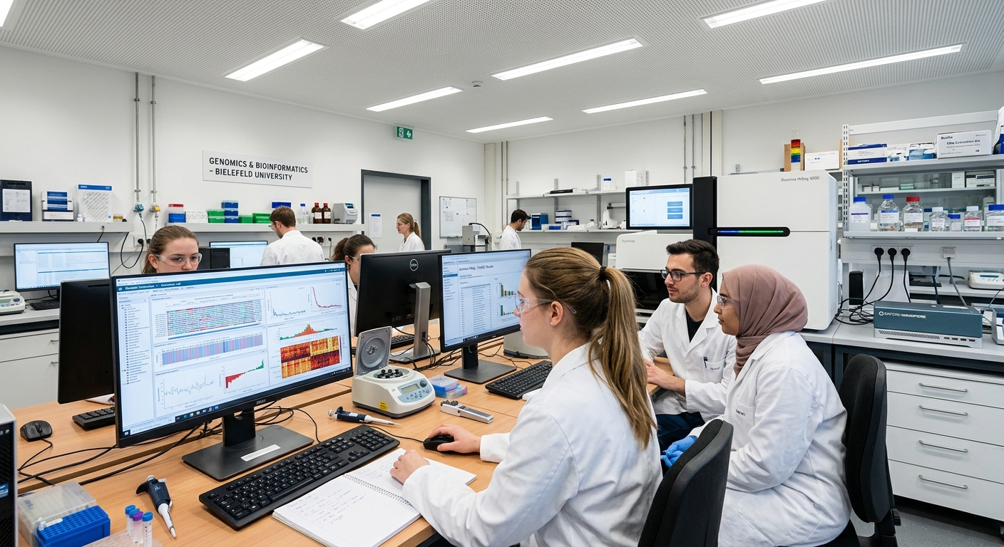 Modern university biology laboratory at Bielefeld University with students analyzing genomic data on computer screens, high-throughput sequencing equipment visible, bright fluorescent lighting, clean scientific workspace