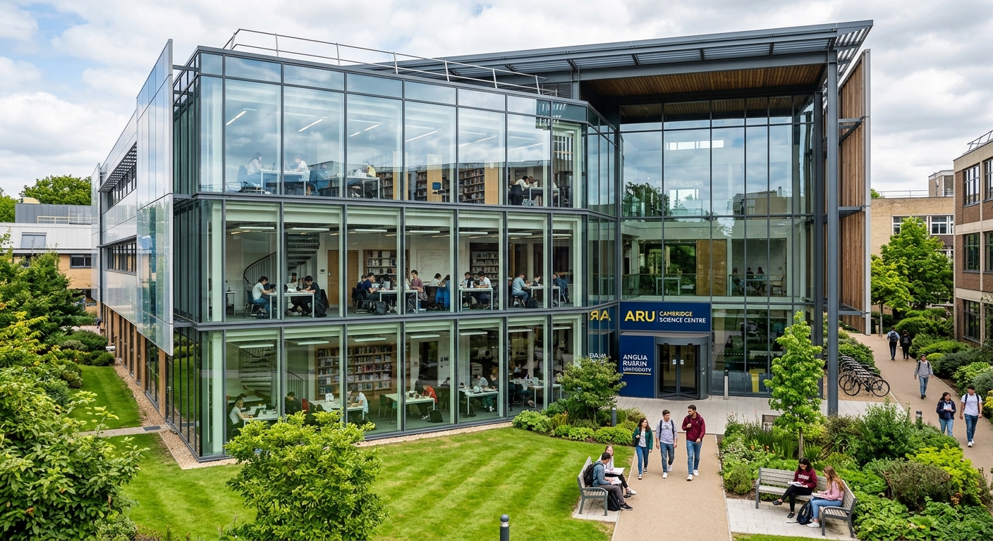 ARU Cambridge campus Science Centre, modern glass and steel building, students studying inside visible through large windows, green courtyard area