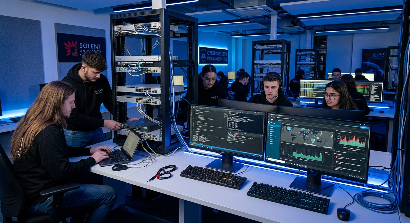 Modern cyber security laboratory at Solent University Southampton with students working on networking equipment, Cisco hardware, multiple monitors displaying code and security dashboards, blue ambient lighting