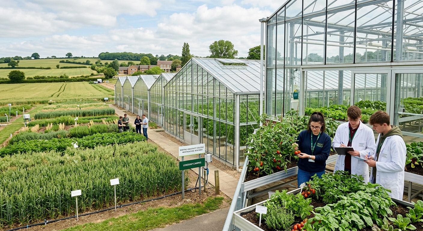 Lush green research glasshouses and agricultural fields at Writtle University College campus in Essex countryside, with students examining horticultural crops under bright natural daylight
