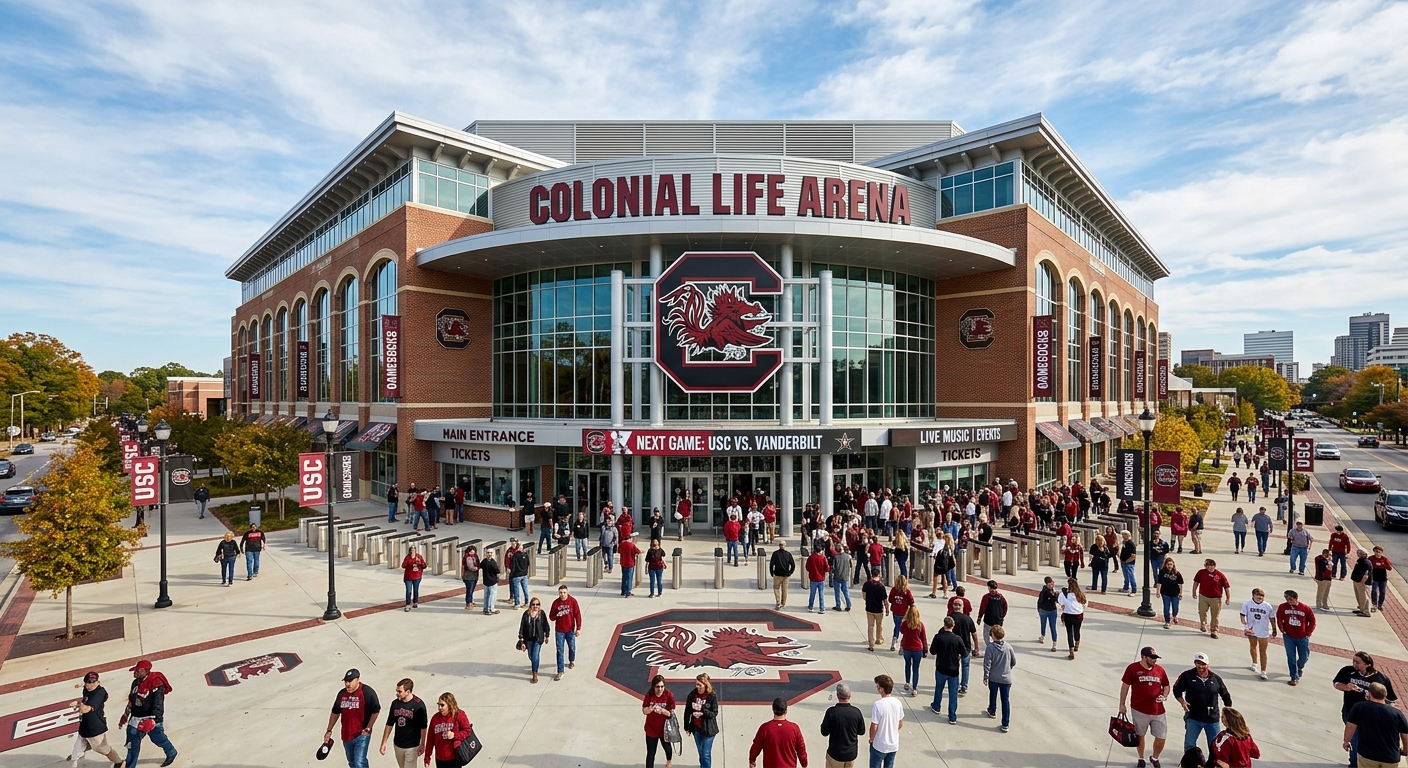 Colonial Life Arena at the University of South Carolina, a large modern sports and entertainment venue with the Gamecocks logo displayed prominently