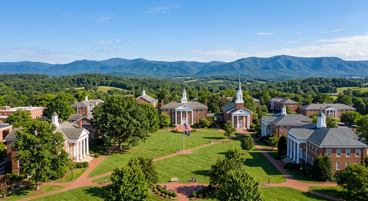 Bridgewater College campus wide shot showing historic red brick buildings with white columns set among green lawns and mature trees, Blue Ridge Mountains visible in the background, Shenandoah Valley setting, clear blue sky