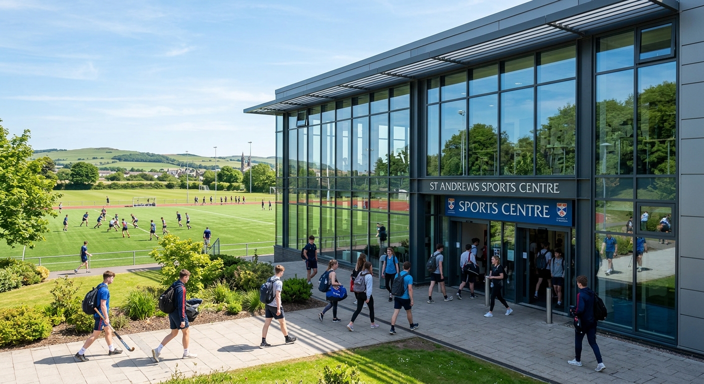 University of St Andrews sports centre exterior with modern glass facade, athletic fields visible in background, students entering the building on a sunny day in Fife