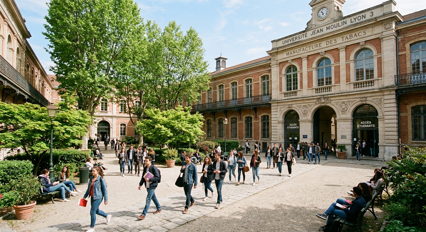 Historic Manufacture des Tabacs campus of Jean Moulin Lyon 3 University in Lyon, France, with students walking through the courtyard, classical French architecture, green trees, and a sunny day in the Rhône-Alpes region