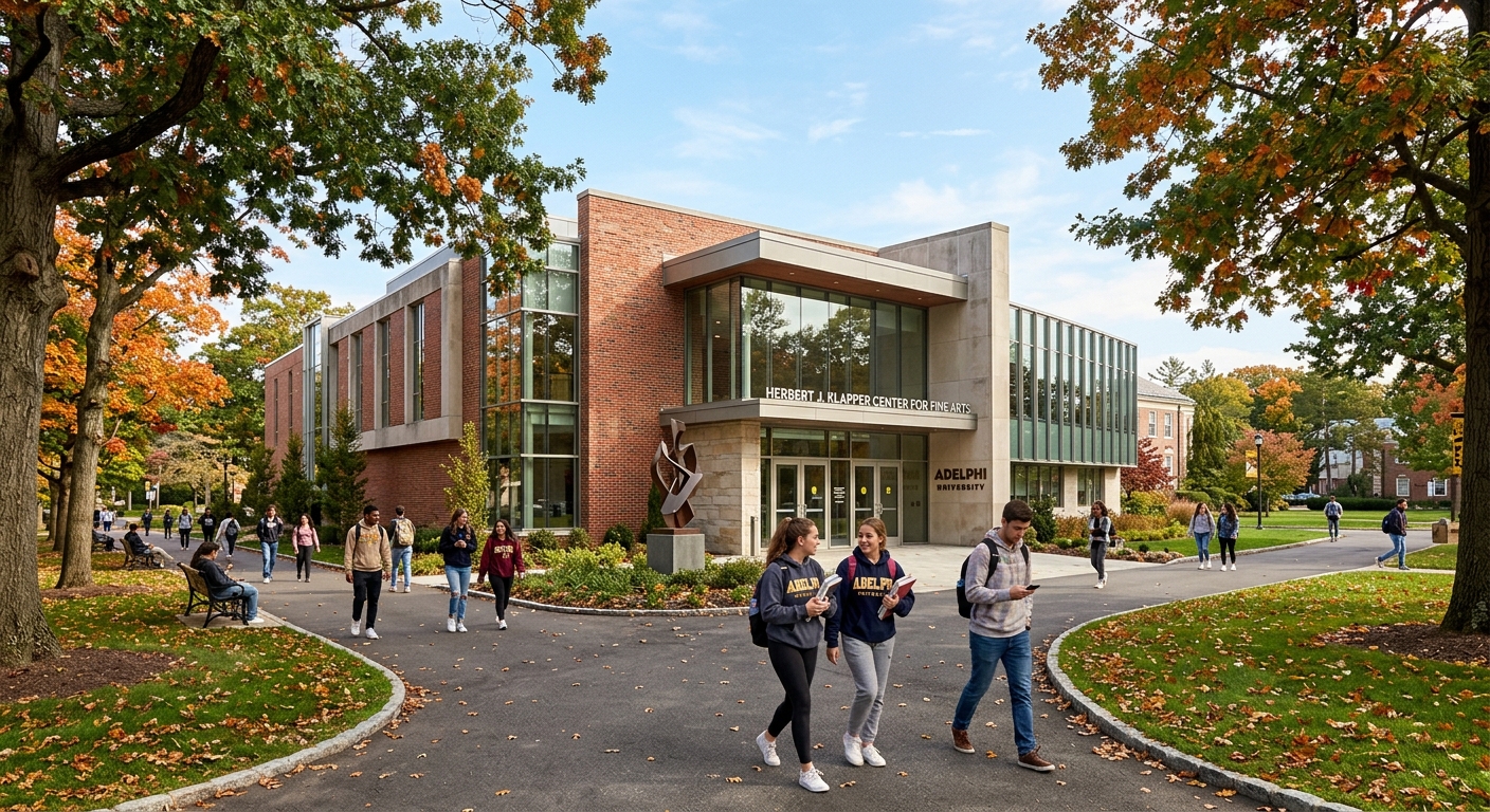 Adelphi University Herbert J. Klapper Center for Fine Arts building exterior with students walking on tree-lined campus paths, suburban Garden City New York setting, modern and traditional architecture blend