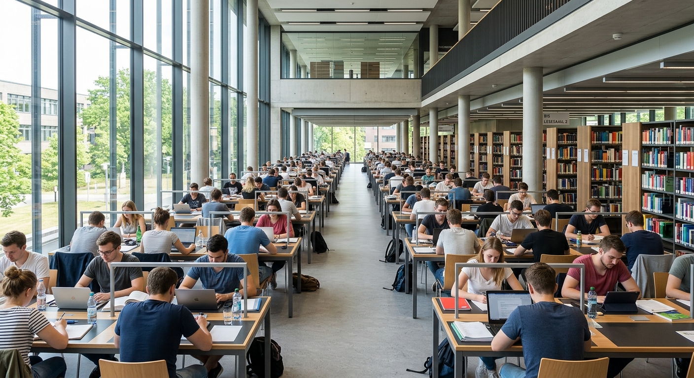 University of Oldenburg main library interior, bright modern reading hall with rows of desks, large windows, students studying, bookshelves lining the walls