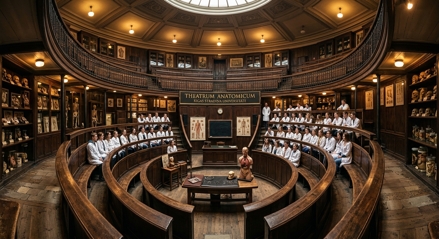 RSU Anatomy Theatre interior, historic anatomical lecture room with tiered seating, medical specimens and educational displays, warm lighting