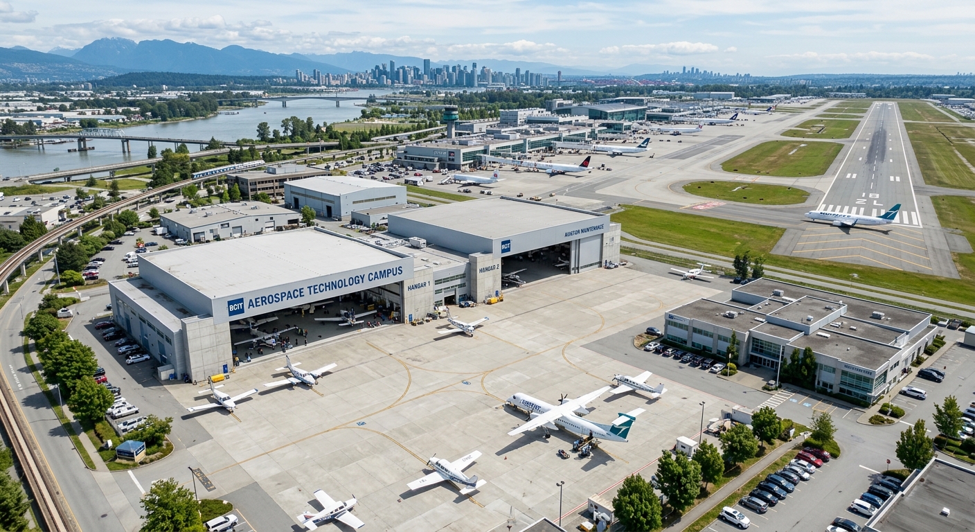 BCIT Aerospace Technology Campus in Richmond with large hangar buildings, aircraft parked on tarmac, and Vancouver International Airport visible nearby