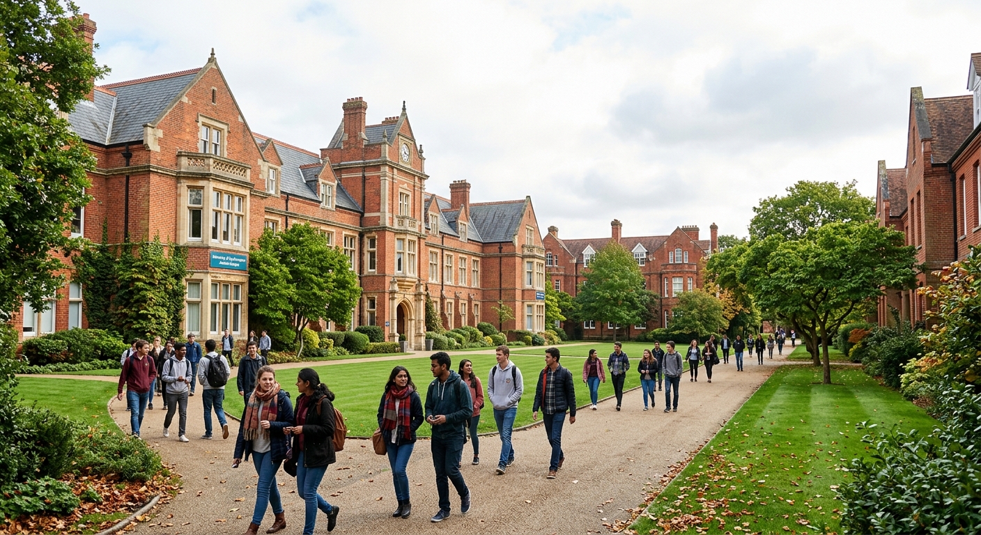 University of Southampton Avenue Campus with historic red brick buildings surrounded by green lawns, students walking along tree-lined pathways, bright overcast English sky