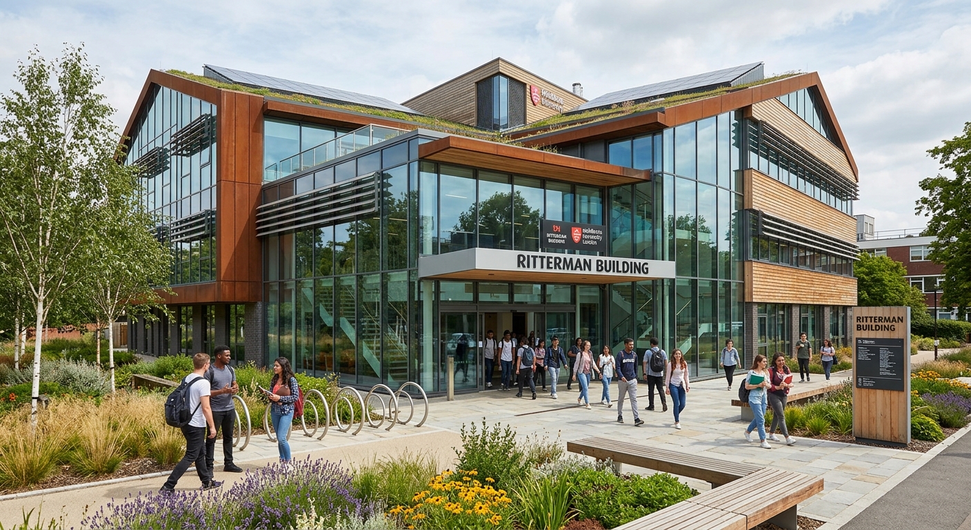 Ritterman Building at Middlesex University, contemporary eco-friendly university building with large glass panels, students entering through main doors, modern landscaping