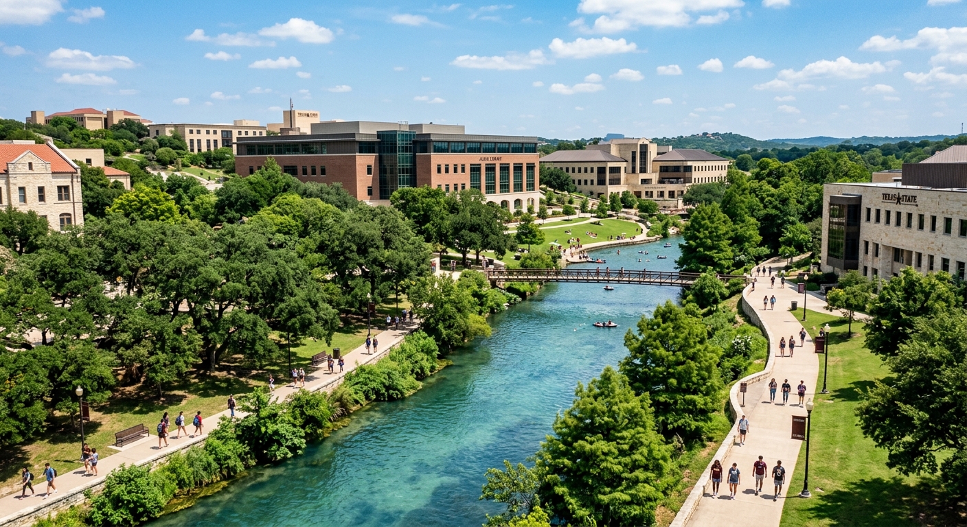 Texas State University campus in San Marcos, Texas with the San Marcos River flowing through lush green grounds, modern academic buildings, and students walking along tree-lined pathways under a bright blue sky