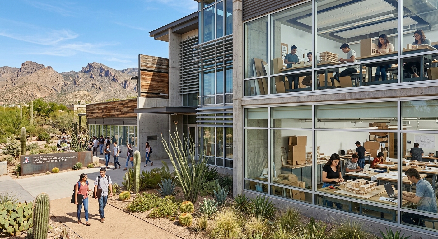 University of Arizona College of Architecture, Planning and Landscape Architecture (CAPLA) building exterior with desert landscaping, Sonoran Desert backdrop, modern studio spaces with large windows, students working on architectural models under bright Arizona sunlight