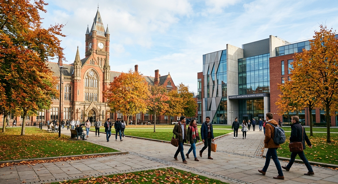 University of Manchester campus with the iconic John Owens building and modern Alliance Manchester Business School, students walking through tree-lined pathways on a bright autumn day in Manchester, United Kingdom