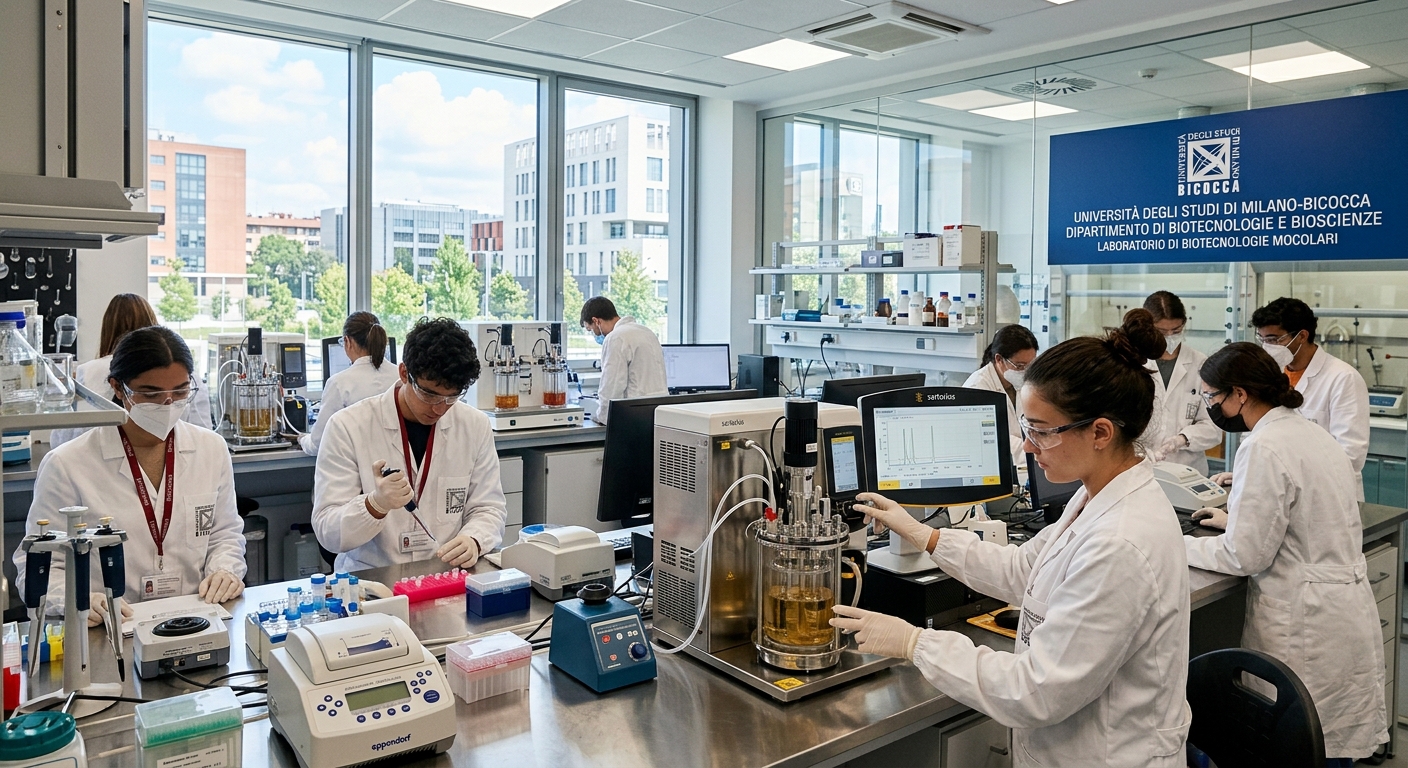 Modern biotechnology laboratory at University of Milano-Bicocca, students in white lab coats working with bioreactors and molecular equipment, bright contemporary research facility in Milan Italy