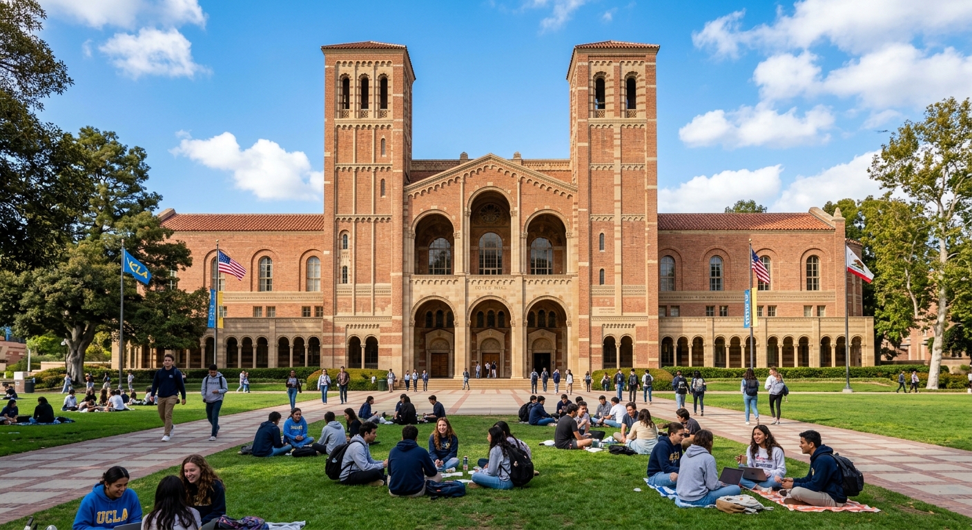 Royce Hall at UCLA, a grand Romanesque Revival building with twin towers, brick facade, and arched entrance, students gathered on the front lawn under blue skies
