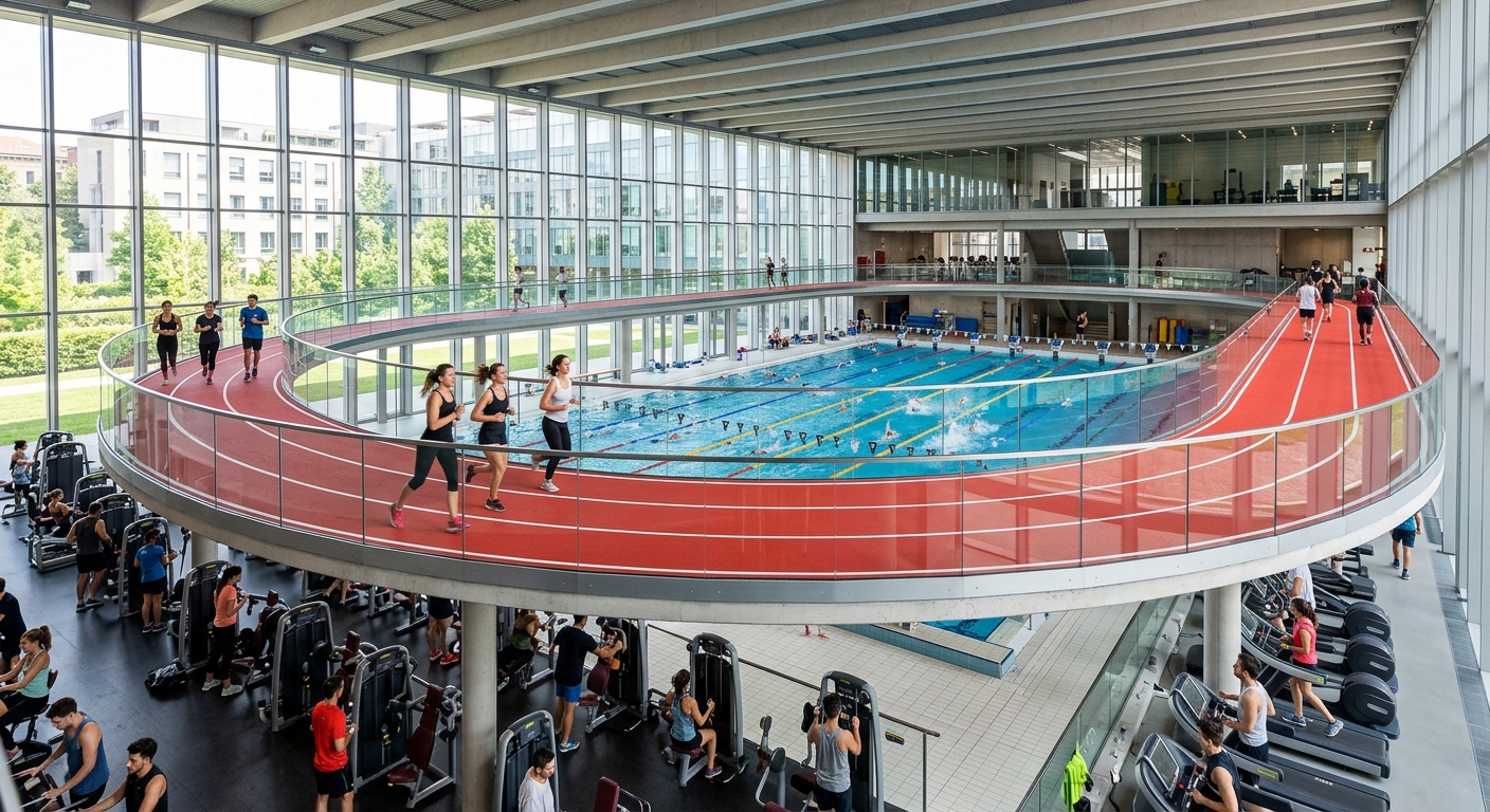 Bocconi Sport Center interior, Olympic-size swimming pool, modern fitness facilities, elevated running track, students exercising, bright contemporary sports complex