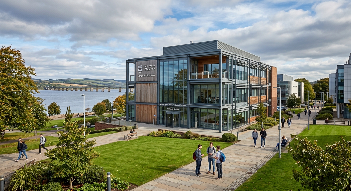 University of Dundee School of Business campus building in Dundee, Scotland, with modern architecture, students walking along pathways, green lawns, and the River Tay visible in the background under a partly cloudy sky