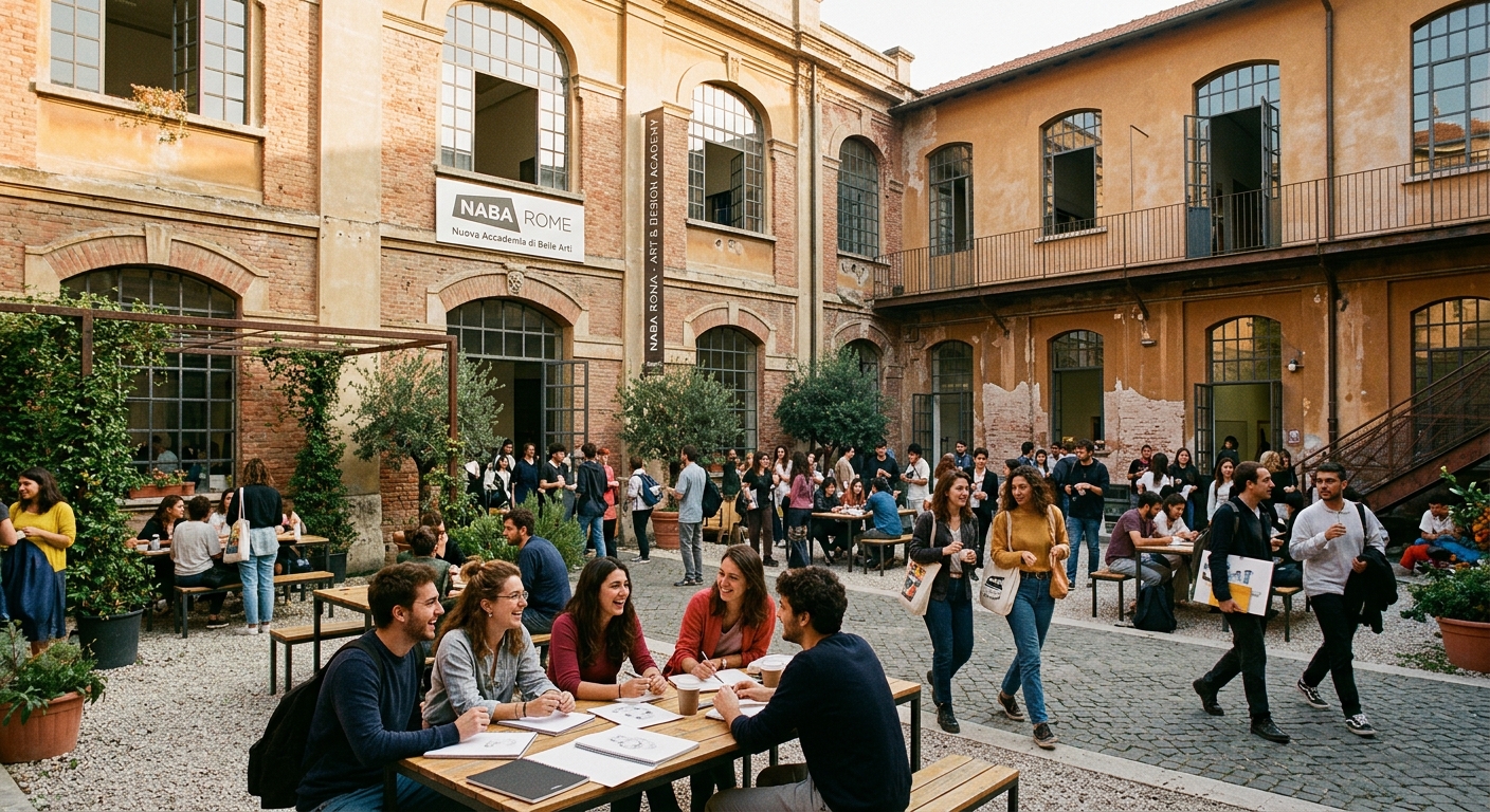 NABA Rome campus in Ostiense district, early 20th century historic buildings converted into creative academy, students gathering in courtyard, warm Italian light