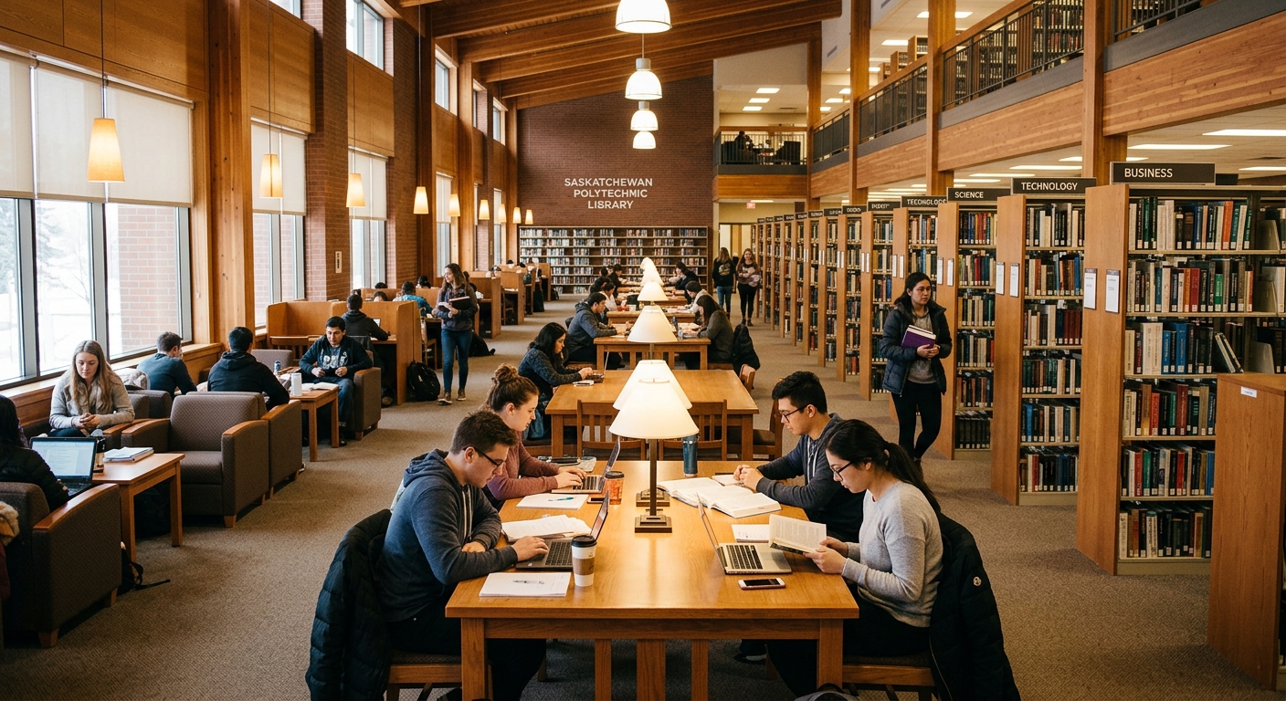 Saskatchewan Polytechnic campus library interior with study areas, bookshelves, students reading at tables, warm ambient lighting