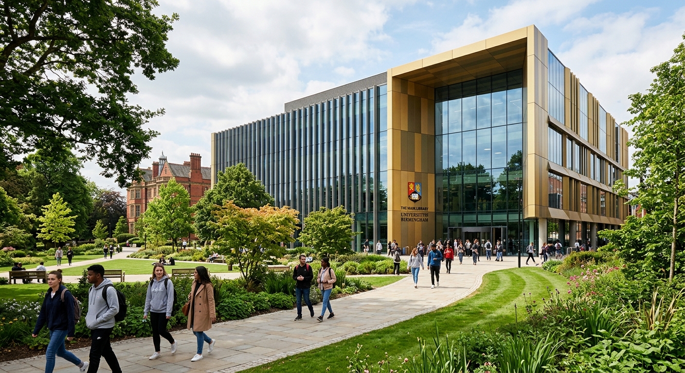 University of Birmingham main library, a modern glass and steel building with students walking along pathways and the Green Heart parkland visible in the foreground