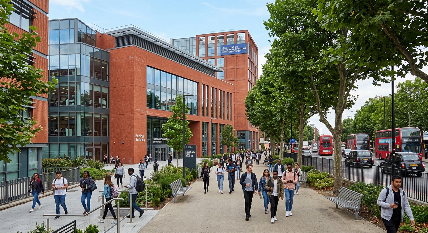 London Met Holloway Road campus, modern red-brick and glass university buildings, students walking along tree-lined pathways, Islington north London urban setting, clear daylight