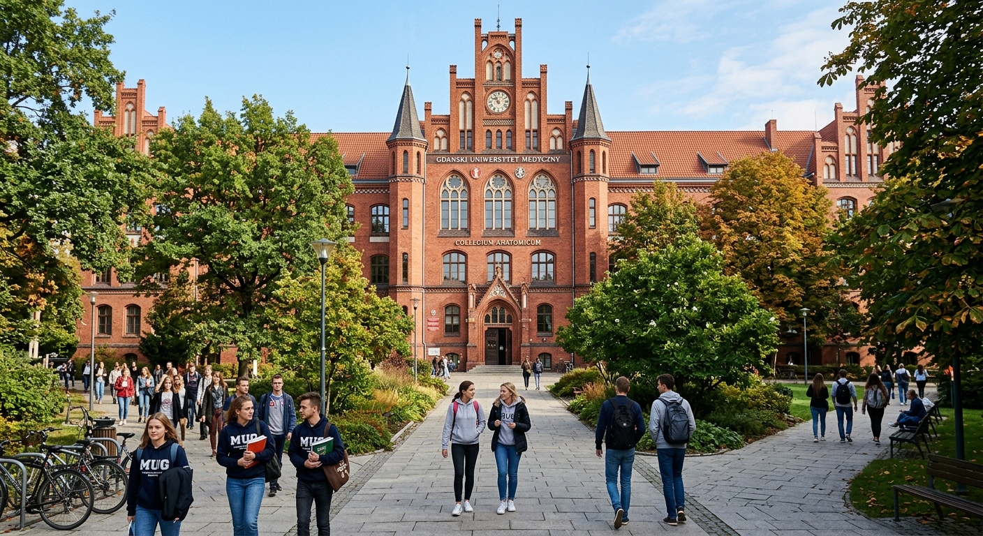 Medical University of Gdansk historic campus building in Gdansk Poland, red brick architecture, green trees, students walking along pathways, clear sky, European medical school setting