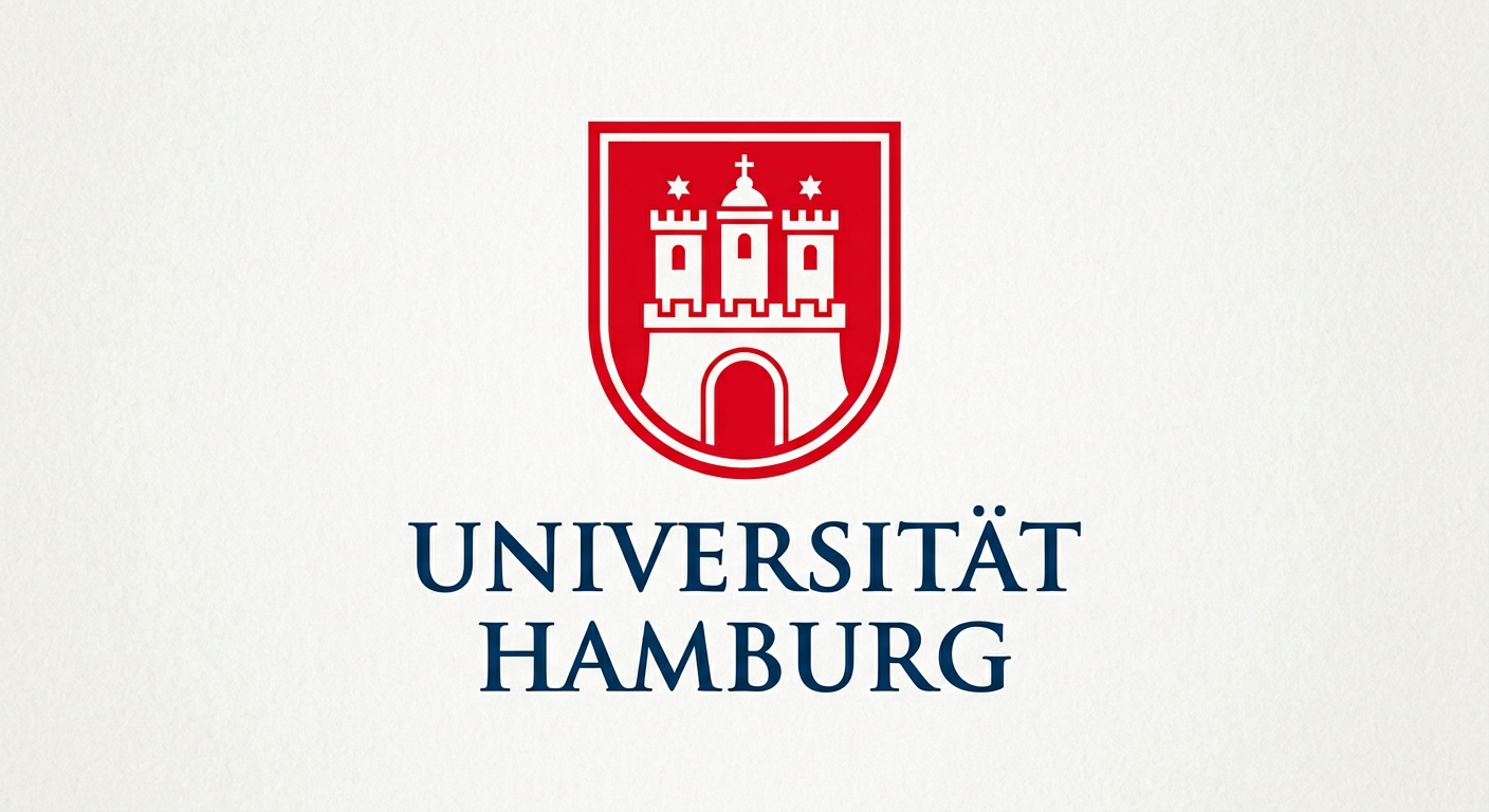 University of Hamburg official logo, red shield with white castle gate emblem, text Universität Hamburg in dark blue serif font
