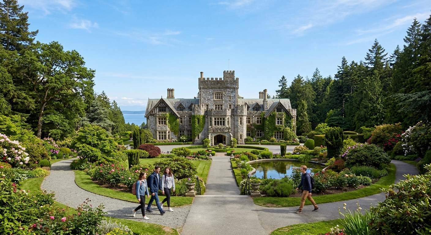 Historic Hatley Castle at Royal Roads University campus surrounded by lush green gardens and Pacific Northwest forest, with students walking along pathways under clear blue sky, Victoria British Columbia Canada