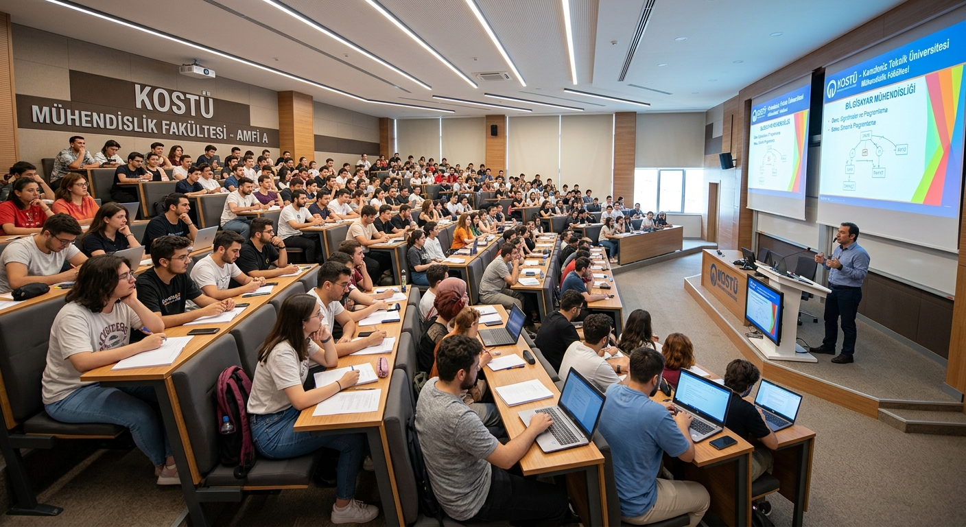 Modern university lecture hall at KOSTÜ with tiered seating, digital projection screens, bright lighting, students attending class
